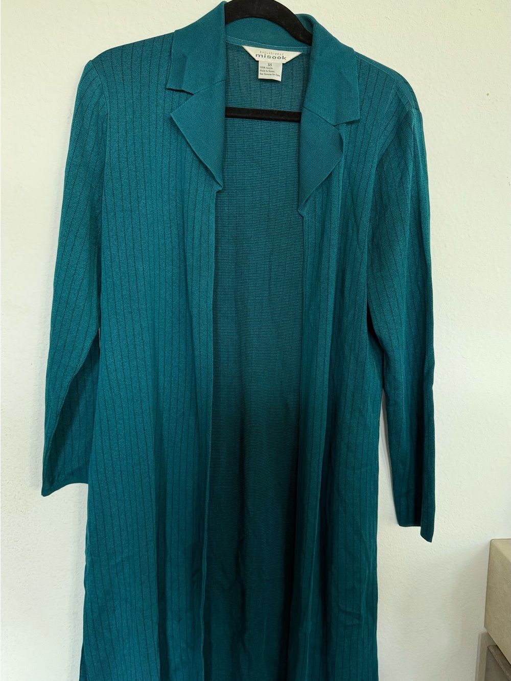 Misook Teal Ribbed Open Front Long Cardigan Jacket Size XS